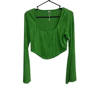 Dopamine Chic Green Ribbed Top Long Sleeve Wavy Texture Y2K Revival Size L